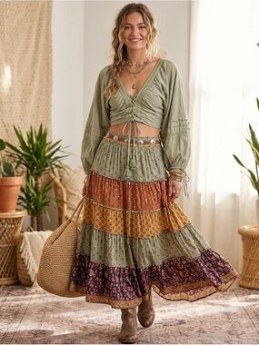 Lace-Up Cropped Peasant Top in Light Olive